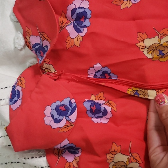 Vintage 80s lori ann red floral dress w/peter pan collar small - Picture 3 of 9